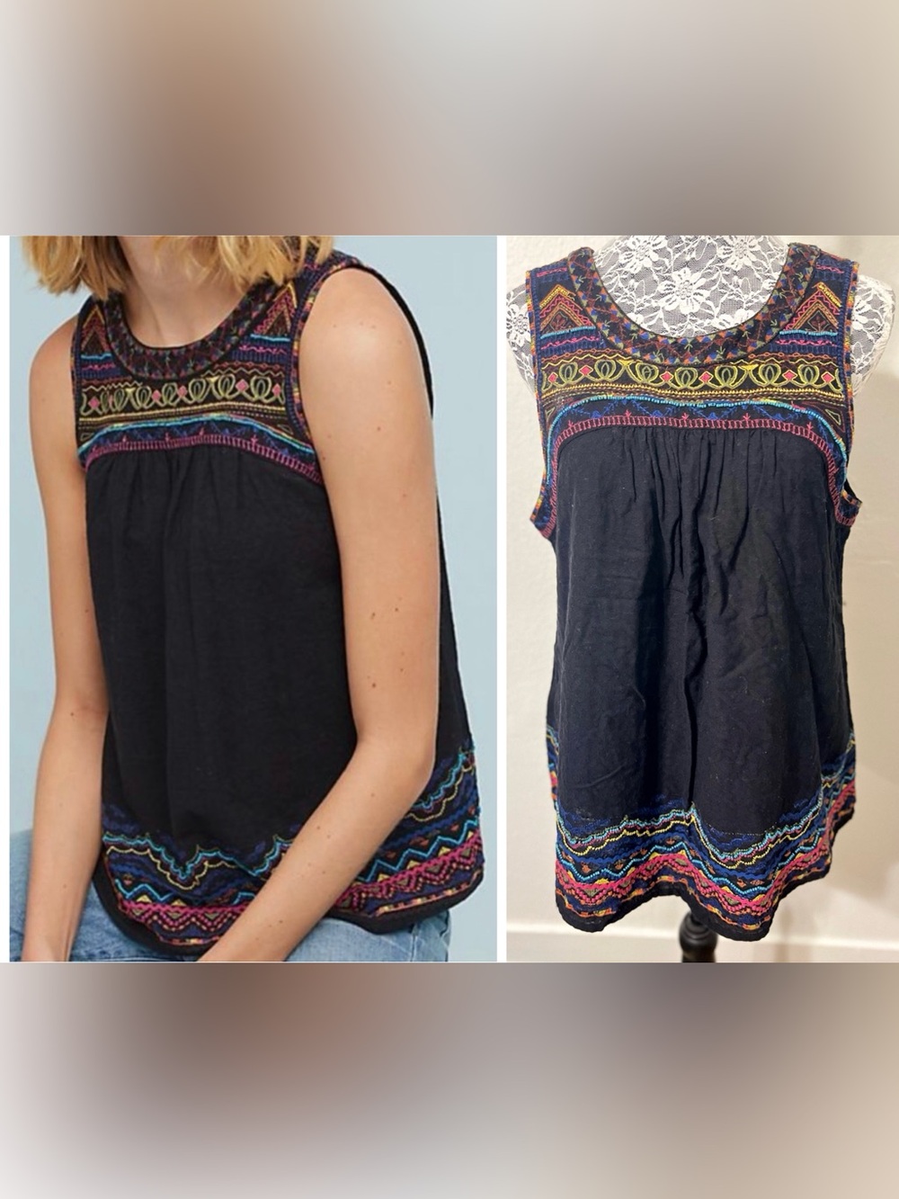 Anthropologie Akemi + Kin Mesa Embroidered Multicolor Yoke Sleeveless Top Boho